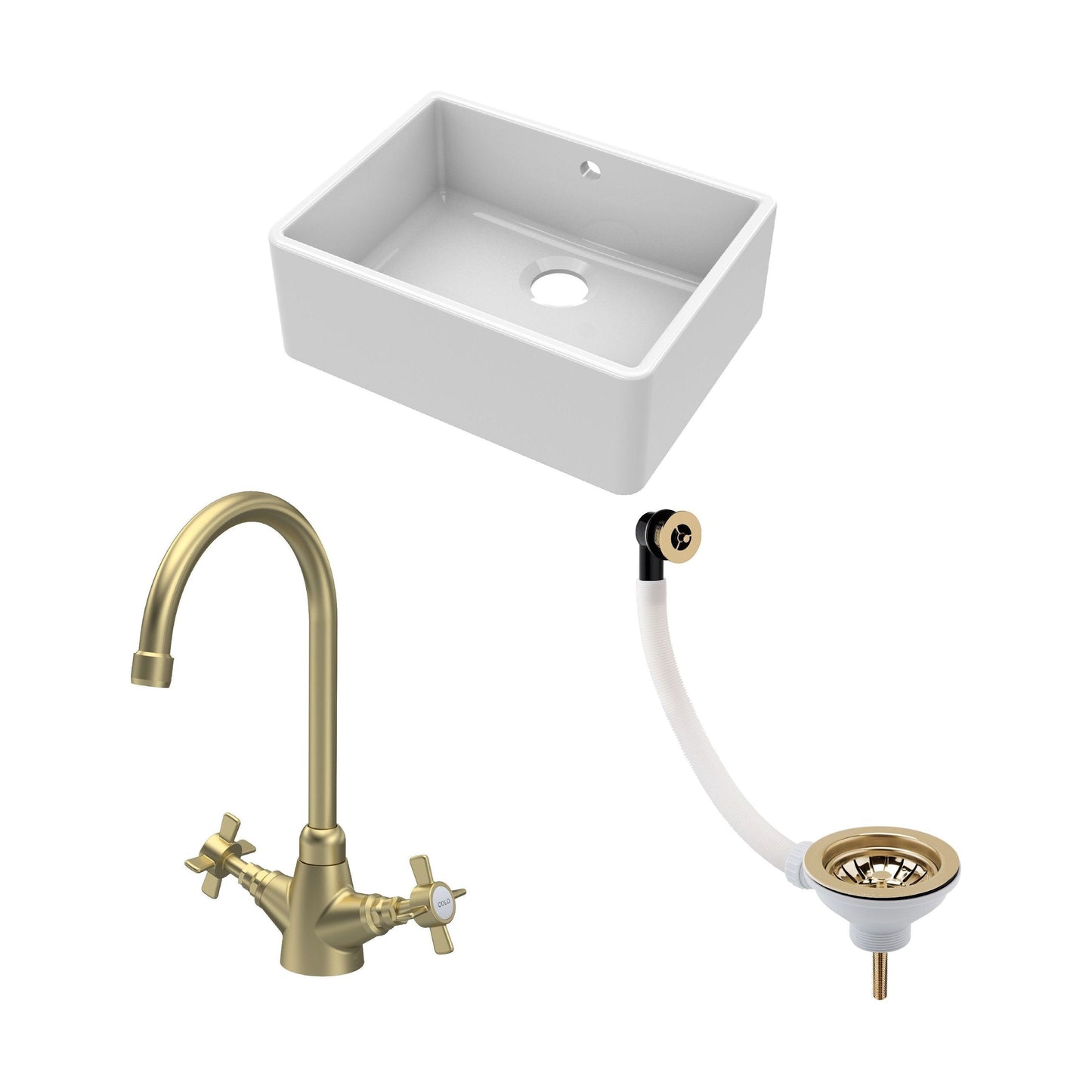 [BSK202WT11] Fireclay Kitchen Bundle - Single Bowl Butler Sink with Overflow, Waste & Mono Crosshead Tap, 595mm - Brushed Brass - Cutout