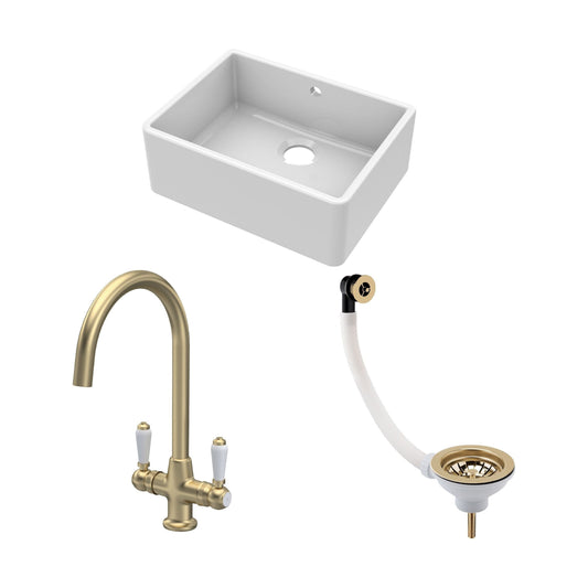 [BSK202WT12] Traditional Fireclay Kitchen Bundle: Single Bowl Butler Sink with Overflow, Waste & Mono Lever Handle Tap, 595mm - Brushed Brass - Cutout