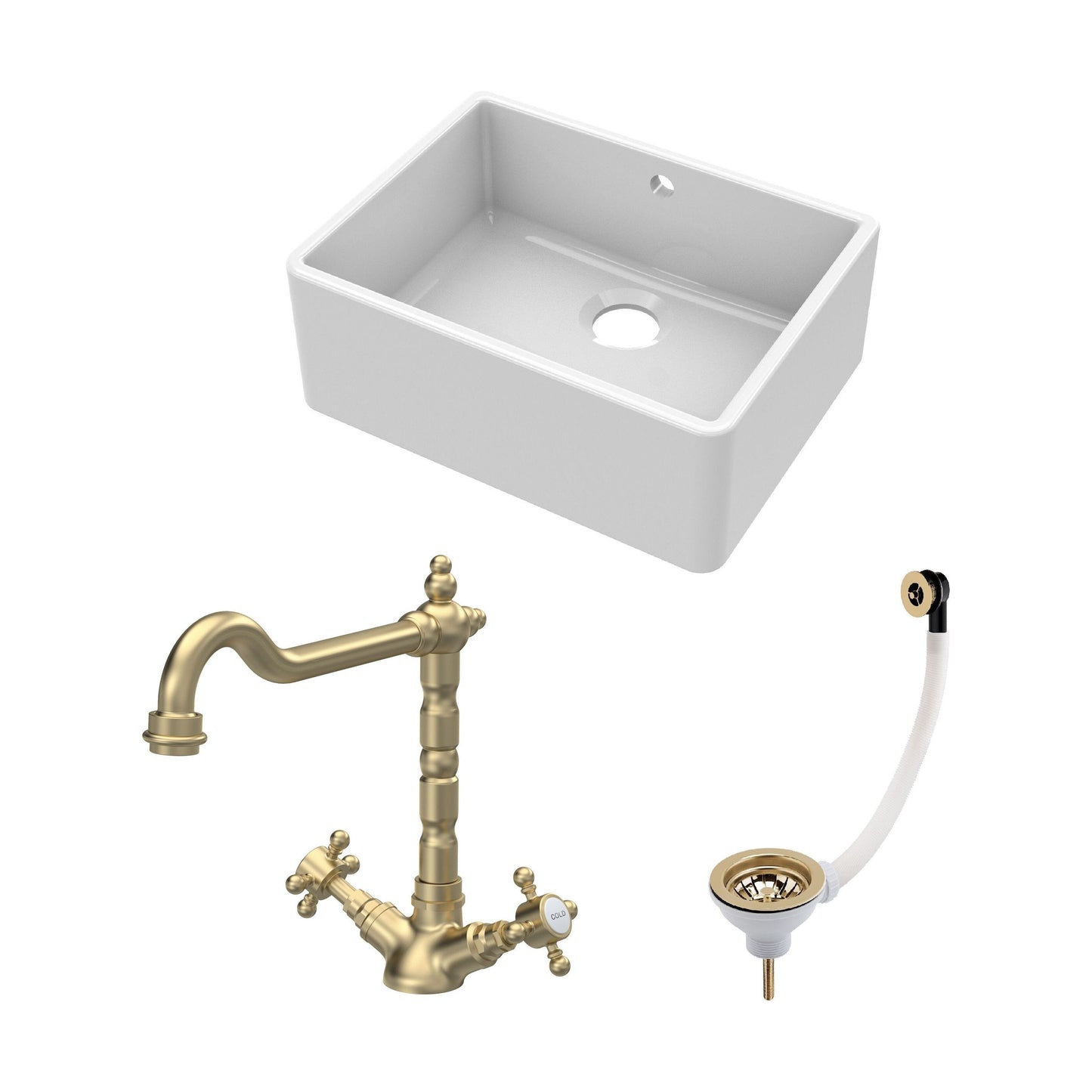 [BSK202WT13] Fireclay Kitchen Bundle: Single Bowl Butler Sink and Overflow, Waste & Classic Mono Kitchen Tap, 595mm - Brushed Brass - Cutout