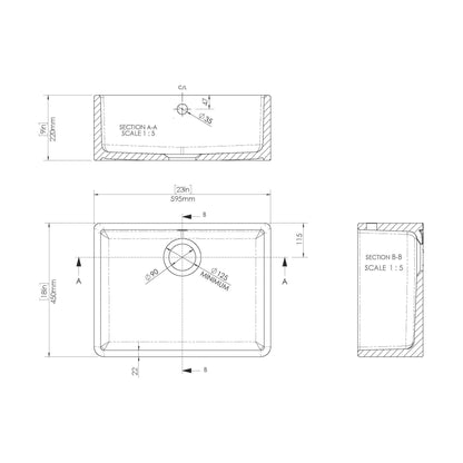 [BSK202WT14] Fireclay Kitchen Bundle: Single Bowl Butler Sink with Overflow, Waste & Bridge Mixer Kitchen Tap, 595mm - Brushed Brass - Technical Drawing