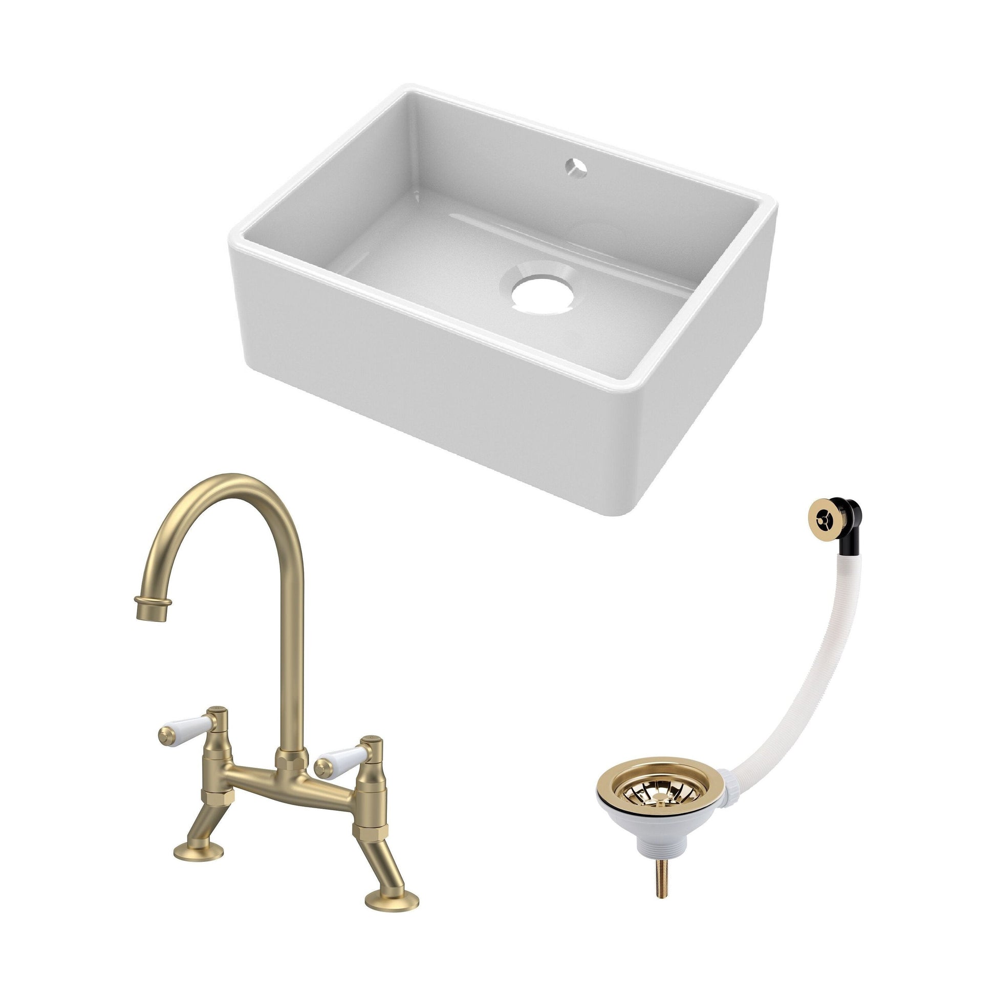 [BSK202WT15] Fireclay Kitchen Bundle: Single Bowl Butler Sink and Overflow, Waste & Bridge Lever Mixer Kitchen Tap, 595mm - Brushed Brass - Cutout