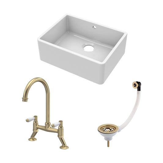 [BSK202WT15] Fireclay Kitchen Bundle: Single Bowl Butler Sink and Overflow, Waste & Bridge Lever Mixer Kitchen Tap, 595mm - Brushed Brass - Cutout