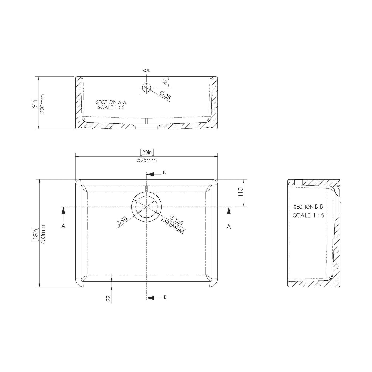 [BSK202WT15] Fireclay Kitchen Bundle: Single Bowl Butler Sink and Overflow, Waste & Bridge Lever Mixer Kitchen Tap, 595mm - Brushed Brass - Technical Drawing