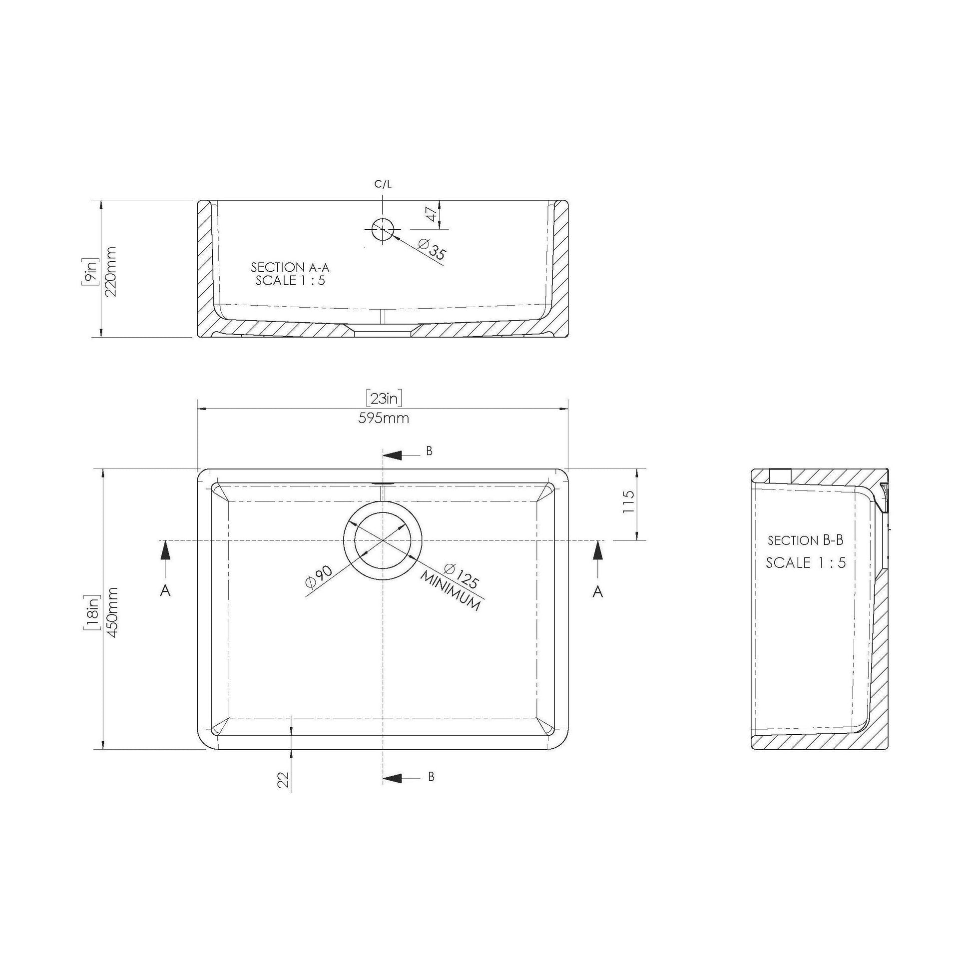 [BSK202WT15] Fireclay Kitchen Bundle: Single Bowl Butler Sink and Overflow, Waste & Bridge Lever Mixer Kitchen Tap, 595mm - Brushed Brass - Technical Drawing