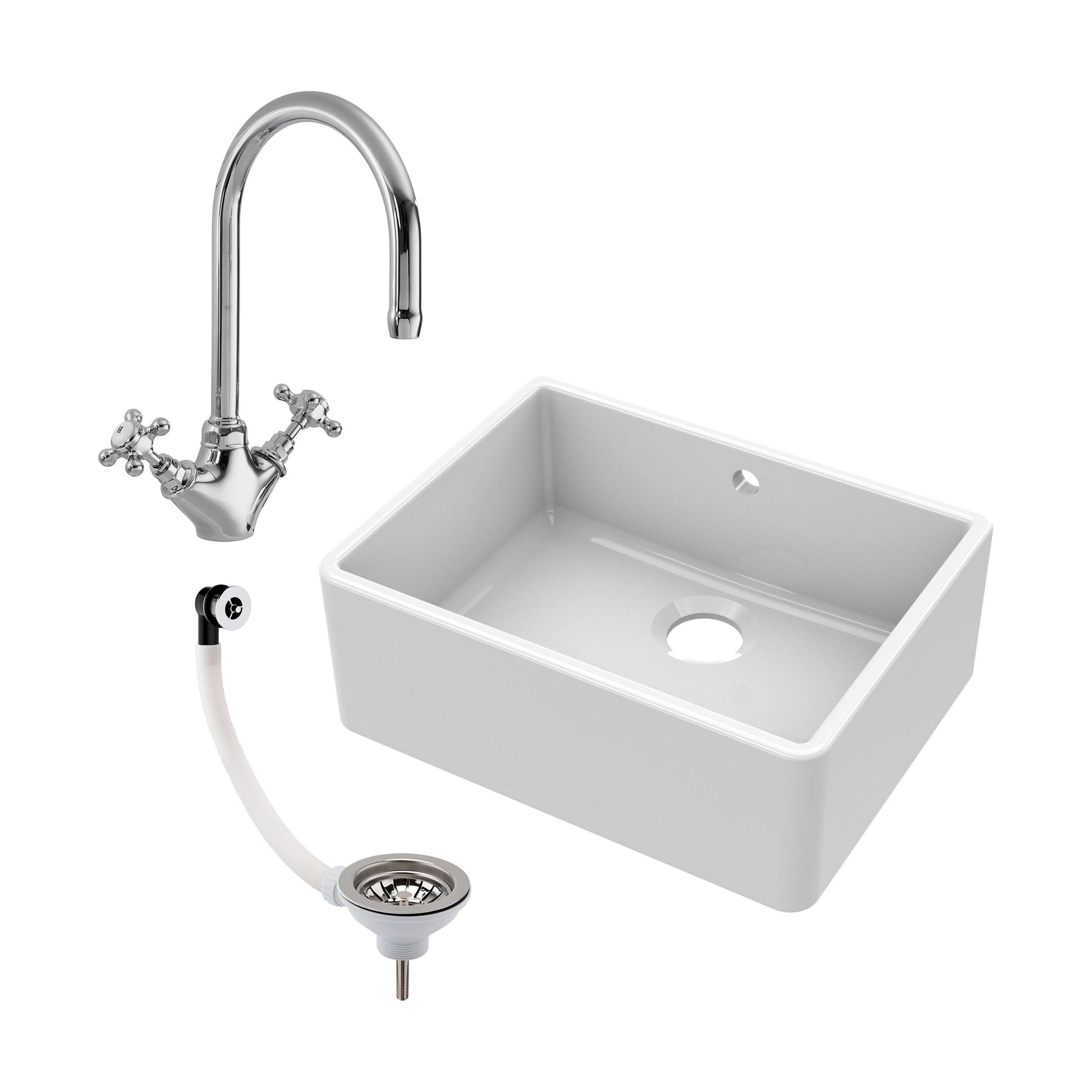 [BSK202WT2] Single Bowl Fireclay Ceramic Butler Kitchen Sink Bundle with Overflow, Mixer Tap & Waste - Cutout