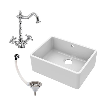 [BSK202WT4] Single Bowl Fireclay Ceramic Butler Kitchen Sink Bundle with Classic Tap & Waste - Cutout