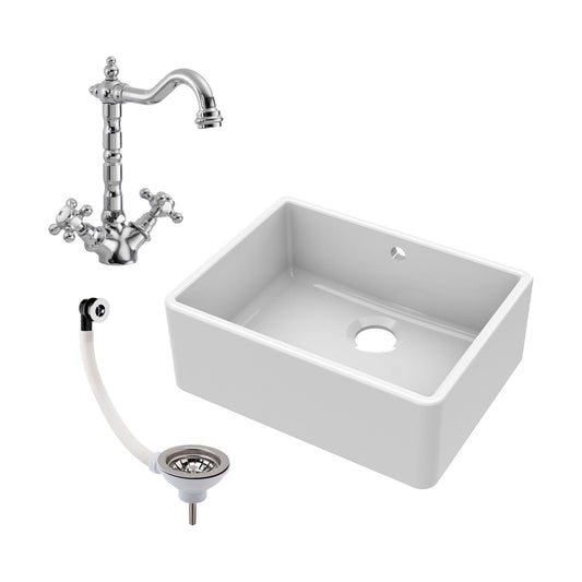 [BSK202WT4] Single Bowl Fireclay Ceramic Butler Kitchen Sink Bundle with Classic Tap & Waste - Cutout