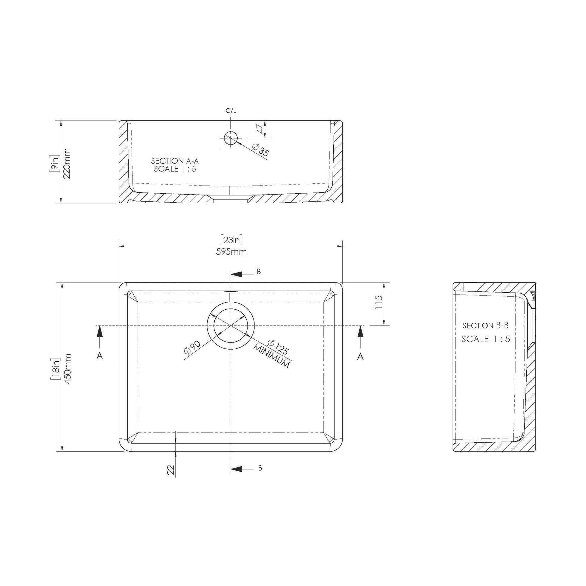 [BSK202WT4] Single Bowl Fireclay Ceramic Butler Kitchen Sink Bundle with Classic Tap & Waste - Technical Drawing