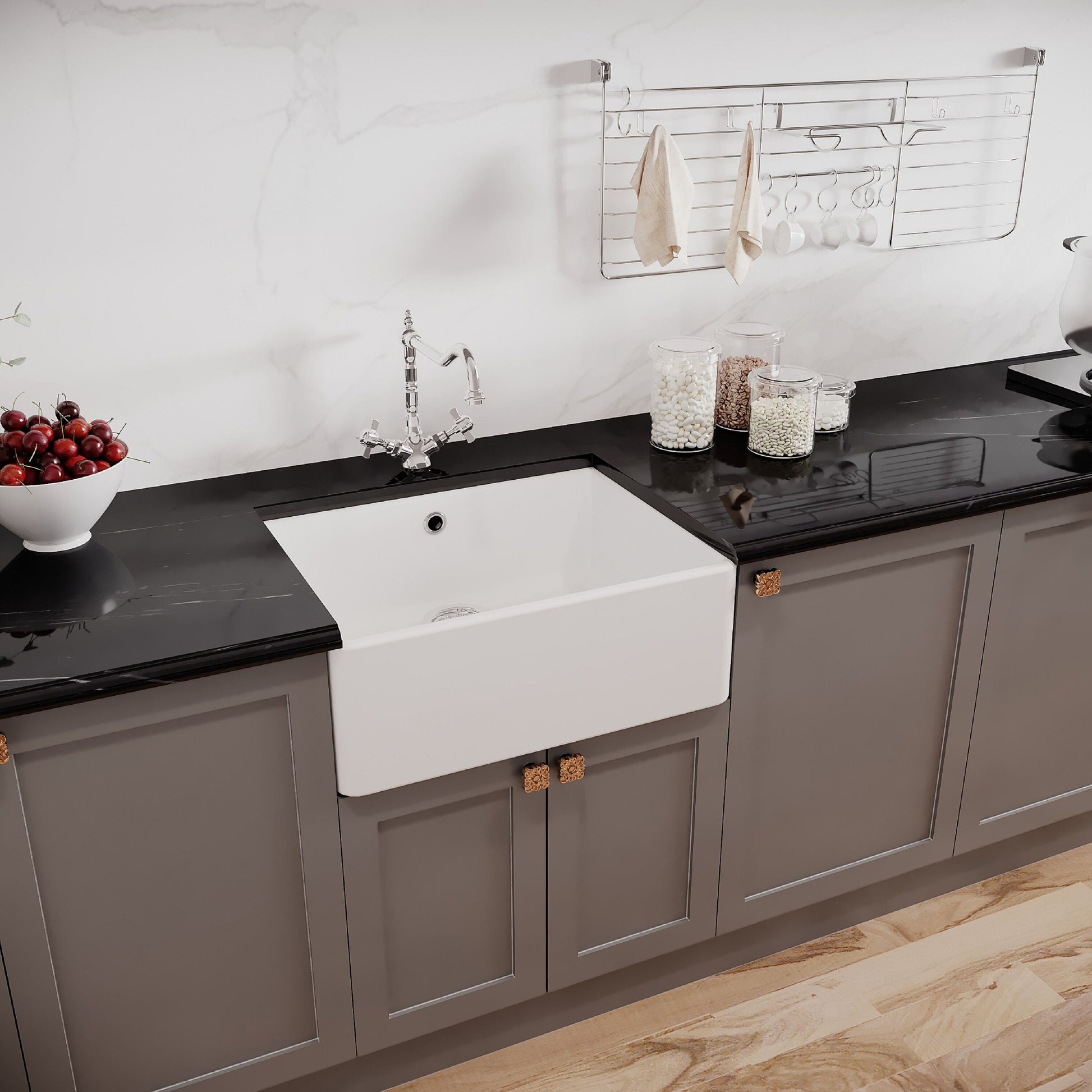 [BSK202WT4] Single Bowl Fireclay Ceramic Butler Kitchen Sink Bundle with Classic Tap & Waste - Lifestyle 3