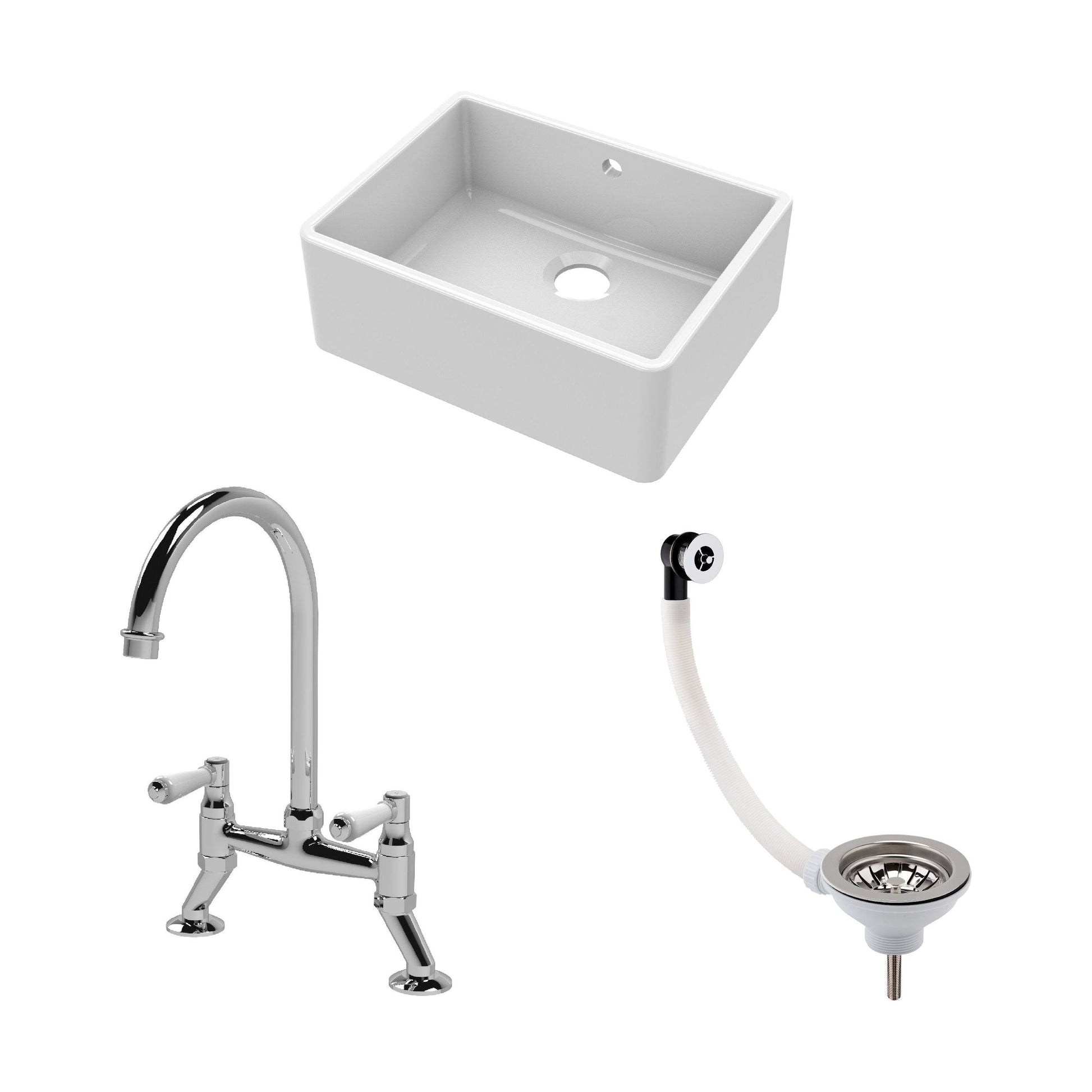 [BSK202WT5] Traditional Fireclay Kitchen Bundle: Single Bowl Butler Sink with Overflow, Waste & Bridge Mixer Tap, 595mm - Chrome - Cutout