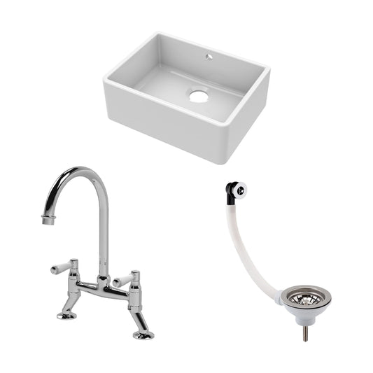 [BSK202WT5] Traditional Fireclay Kitchen Bundle: Single Bowl Butler Sink with Overflow, Waste & Bridge Mixer Tap, 595mm - Chrome - Cutout