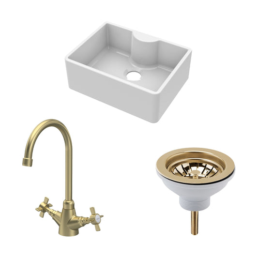 [BSK203WT11] Traditional Fireclay Kitchen Bundle: Single Bowl Butler Sink with Tap Ledge, Waste & Mono Tap, 595mm - Brushed Brass - Cutout