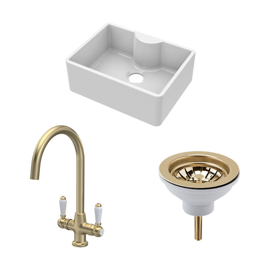 [BSK203WT12] Traditional Fireclay Kitchen Bundle: Single Bowl Butler Sink with Tap Ledge, Waste & Mono Lever Mixer Tap, 595mm - Brushed Brass - Cutout