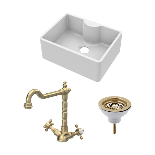 [BSK203WT13] Fireclay Kitchen Bundle: Single Bowl Butler Sink with Tap Ledge, Waste & Classic Tap, 595mm - Brushed Brass - Cutout