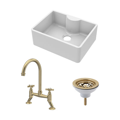 [BSK203WT14] Fireclay Kitchen Bundle: Single Bowl Butler Sink with Tap Ledge, Waste & Bridge Tap, 595mm - Brushed Brass - Cutout