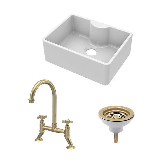 [BSK203WT14] Fireclay Kitchen Bundle: Single Bowl Butler Sink with Tap Ledge, Waste & Bridge Tap, 595mm - Brushed Brass - Cutout