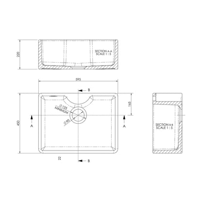 [BSK203WT14] Fireclay Kitchen Bundle: Single Bowl Butler Sink with Tap Ledge, Waste & Bridge Tap, 595mm - Brushed Brass - Technical Drawing