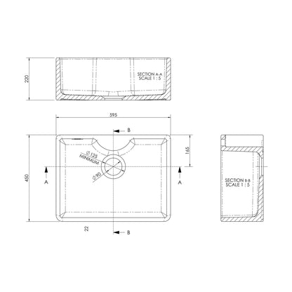 [BSK203WT15] Fireclay Kitchen Bundle: Single Bowl Butler Sink with Tap Ledge, Waste & Lever Tap, 595mm - Brushed Brass - Technical Drawing