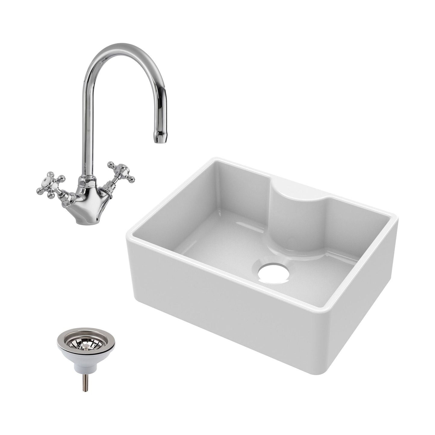 [BSK203WT2] Single Bowl Fireclay Ceramic Butler Kitchen Sink Bundle with Tap Ledge, Mono Mixer Tap, & Waste - Cutout