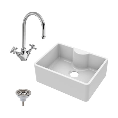 [BSK203WT2] Single Bowl Fireclay Ceramic Butler Kitchen Sink Bundle with Tap Ledge, Mono Mixer Tap, & Waste - Cutout