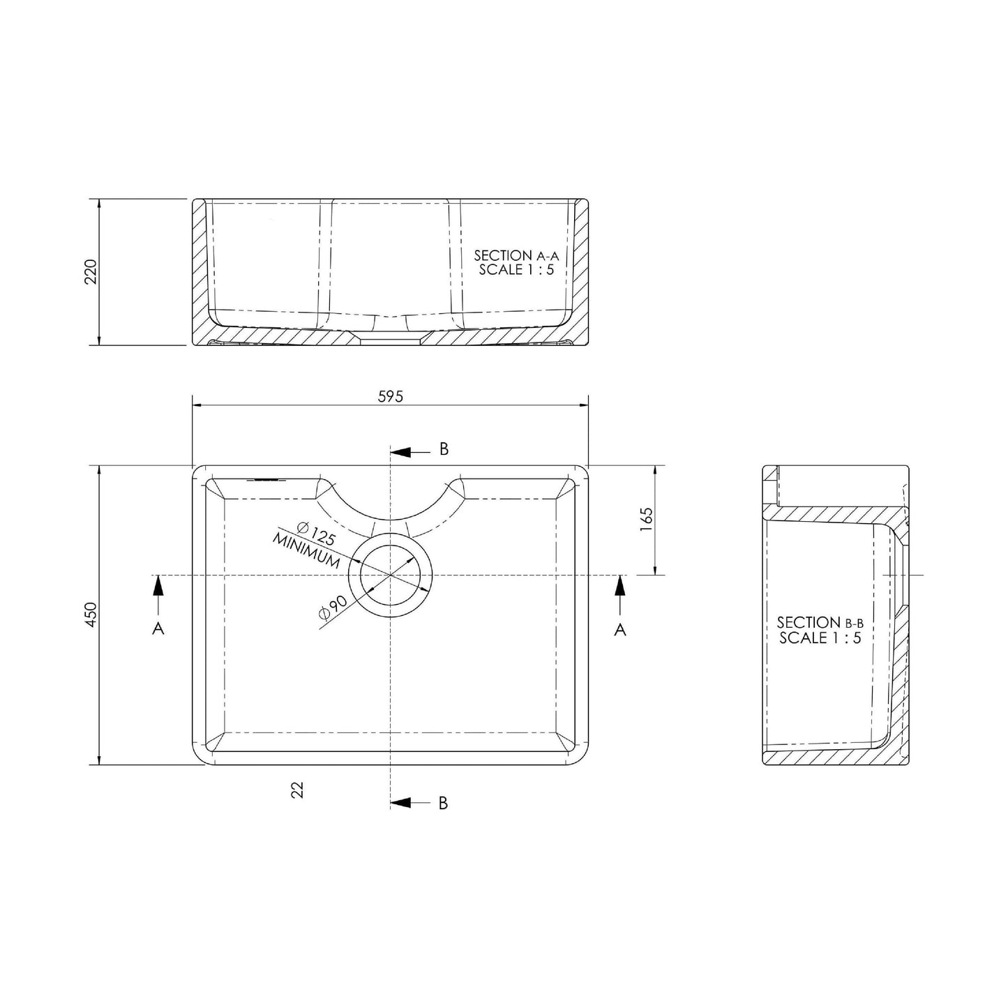 [BSK203WT2] Single Bowl Fireclay Ceramic Butler Kitchen Sink Bundle with Tap Ledge, Mono Mixer Tap, & Waste - Technical Drawing