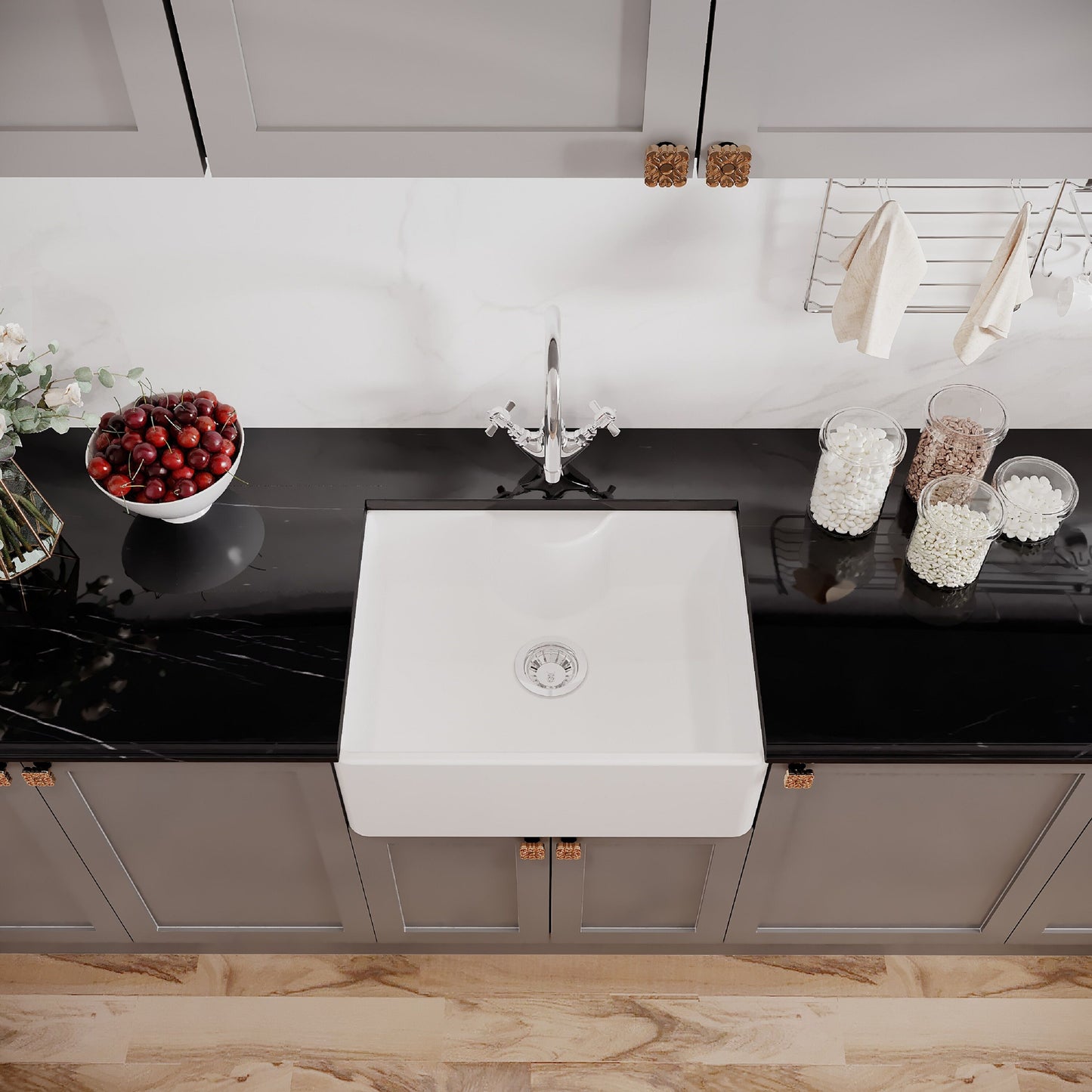 [BSK203WT2] Single Bowl Fireclay Ceramic Butler Kitchen Sink Bundle with Tap Ledge, Mono Mixer Tap, & Waste - Lifestyle 2