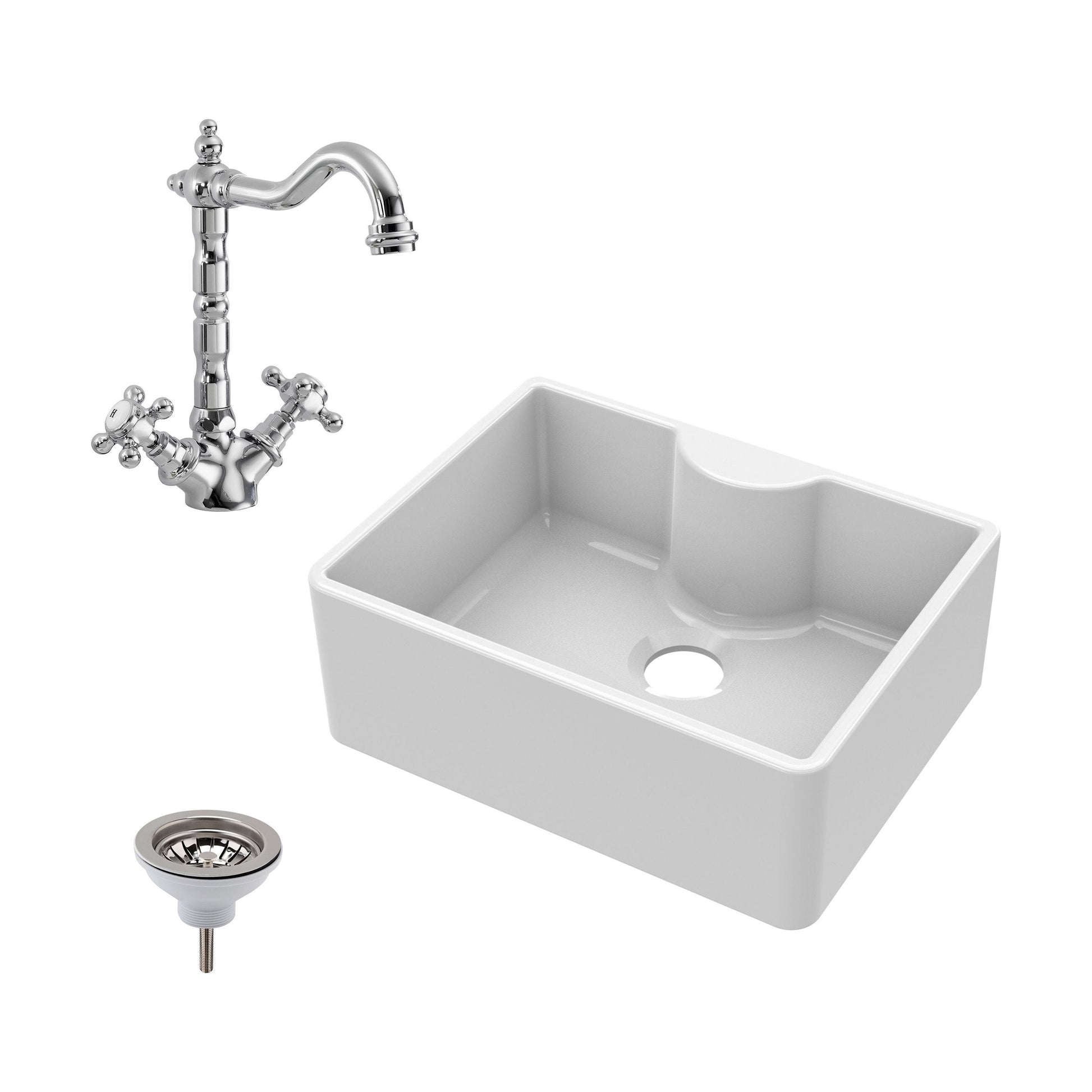 [BSK203WT4] Single Bowl Fireclay Ceramic Butler Kitchen Sink Bundle Waste & French Tap - Cutout