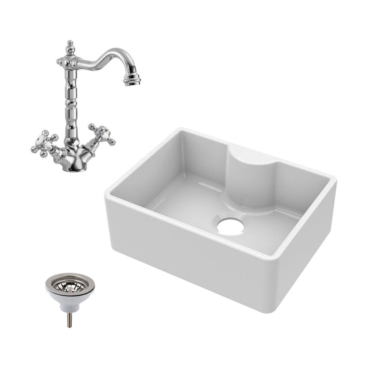 [BSK203WT4] Single Bowl Fireclay Ceramic Butler Kitchen Sink Bundle Waste & French Tap - Cutout