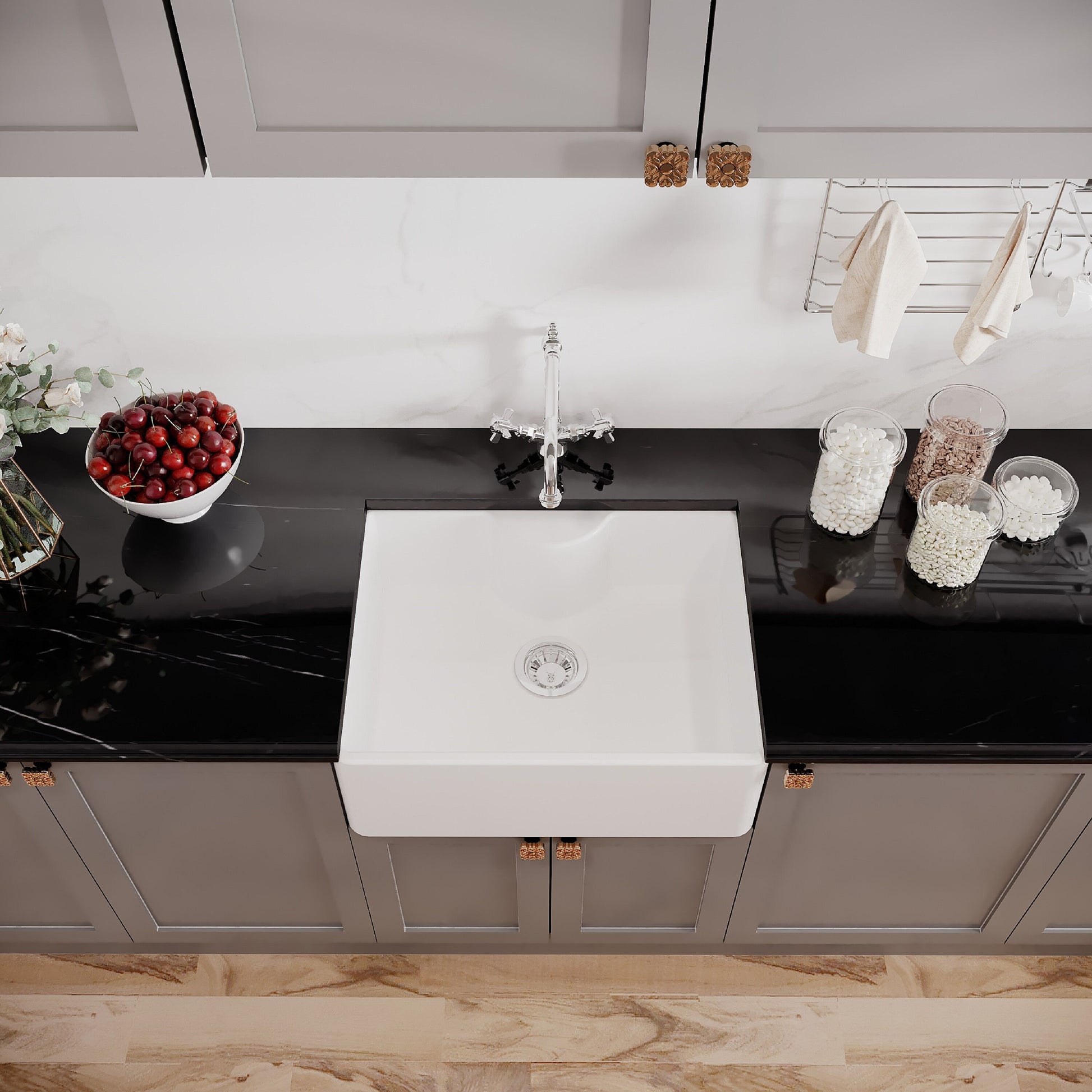 [BSK203WT4] Single Bowl Fireclay Ceramic Butler Kitchen Sink Bundle Waste & French Tap - Lifestyle 2