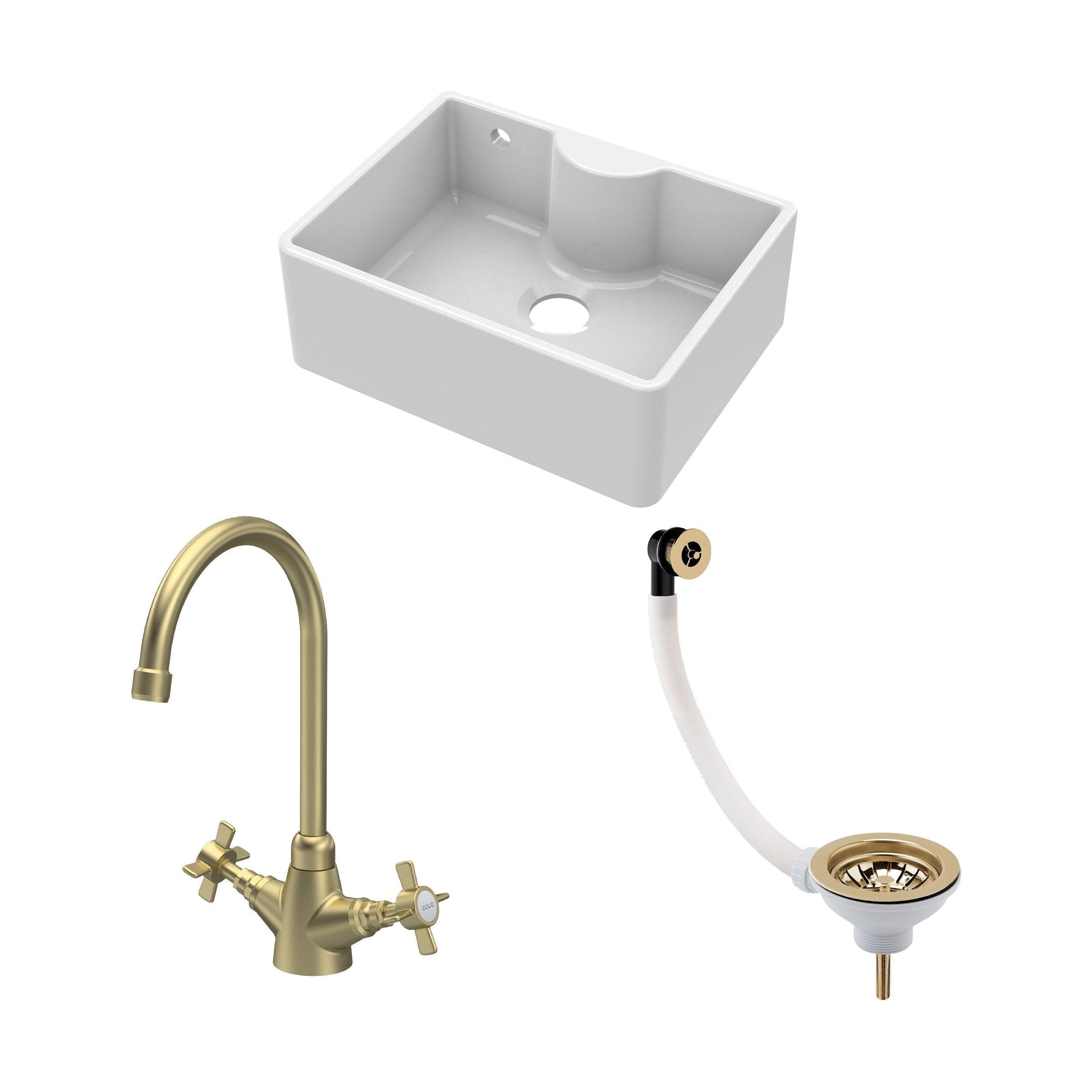 [BSK204WT11] Traditional Fireclay Kitchen Bundle: Single Bowl Butler Sink with Overflow, Tap Ledge, Waste & Mono Tap, 595mm - Brushed Brass - Cutout