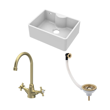 [BSK204WT11] Traditional Fireclay Kitchen Bundle: Single Bowl Butler Sink with Overflow, Tap Ledge, Waste & Mono Tap, 595mm - Brushed Brass - Cutout