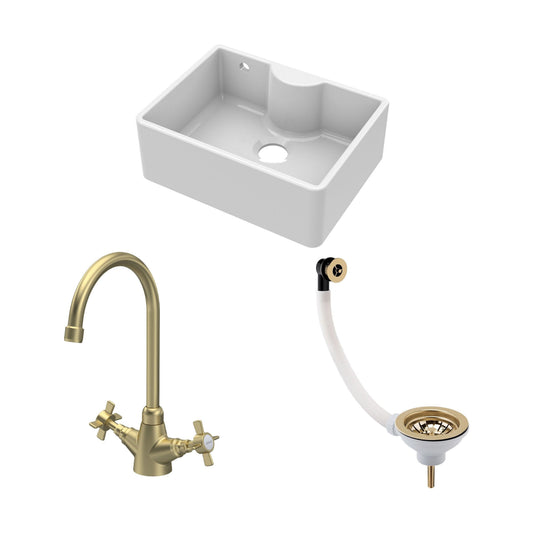 [BSK204WT11] Traditional Fireclay Kitchen Bundle: Single Bowl Butler Sink with Overflow, Tap Ledge, Waste & Mono Tap, 595mm - Brushed Brass - Cutout