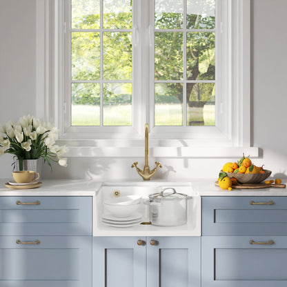 [BSK204WT11] Traditional Fireclay Kitchen Bundle: Single Bowl Butler Sink with Overflow, Tap Ledge, Waste & Mono Tap, 595mm - Brushed Brass - Lifestyle 1