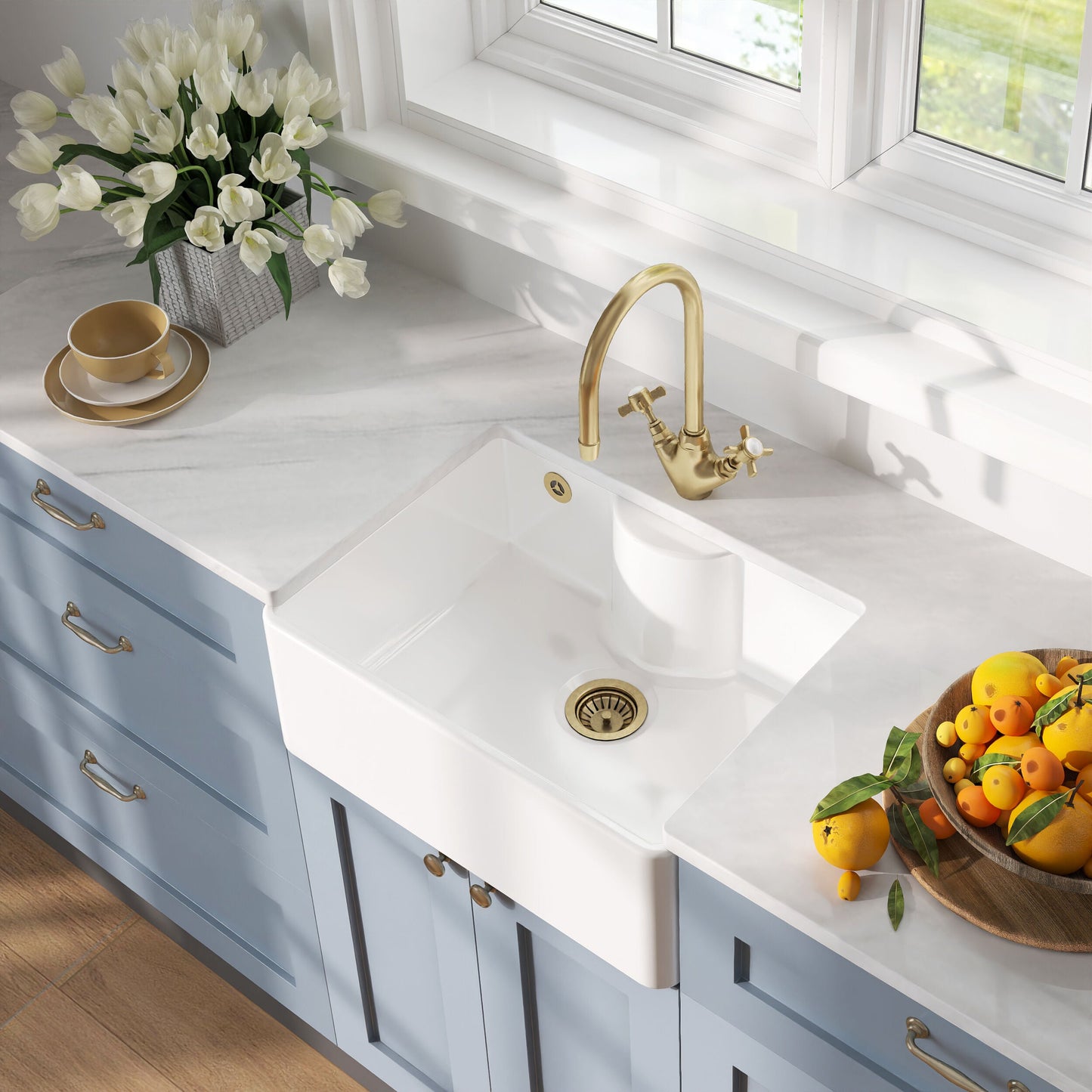 [BSK204WT11] Traditional Fireclay Kitchen Bundle: Single Bowl Butler Sink with Overflow, Tap Ledge, Waste & Mono Tap, 595mm - Brushed Brass - Lifestyle 2