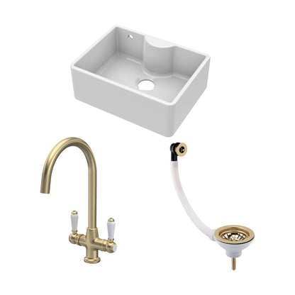 [BSK204WT12] Traditional Fireclay Single Bowl Butler Kitchen Sink Bundle with Overflow, Tap Ledge, Mono Mixer Tap & Waste, 595mm - Brushed Brass - Cutout