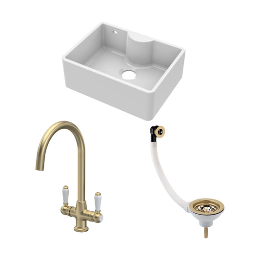 [BSK204WT12] Traditional Fireclay Single Bowl Butler Kitchen Sink Bundle with Overflow, Tap Ledge, Mono Mixer Tap & Waste, 595mm - Brushed Brass - Cutout