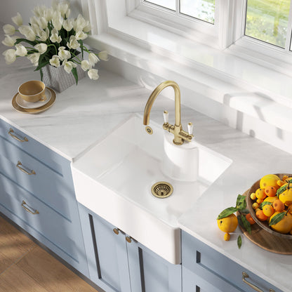 [BSK204WT12] Traditional Fireclay Single Bowl Butler Kitchen Sink Bundle with Overflow, Tap Ledge, Mono Mixer Tap & Waste, 595mm - Brushed Brass - Lifestyle 2