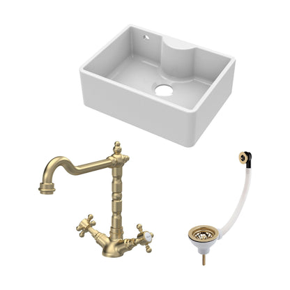 [BSK204WT13] Fireclay Kitchen Bundle: Single Bowl Butler Sink with Overflow, Tap Ledge, Waste & Classic Tap, 595mm - Brushed Brass - Cutout