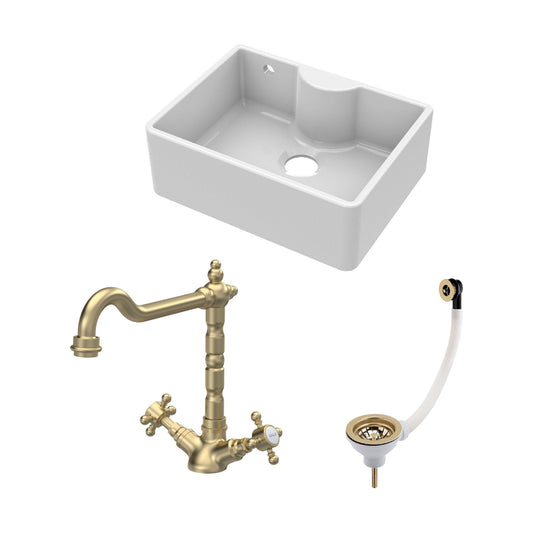[BSK204WT13] Fireclay Kitchen Bundle: Single Bowl Butler Sink with Overflow, Tap Ledge, Waste & Classic Tap, 595mm - Brushed Brass - Cutout