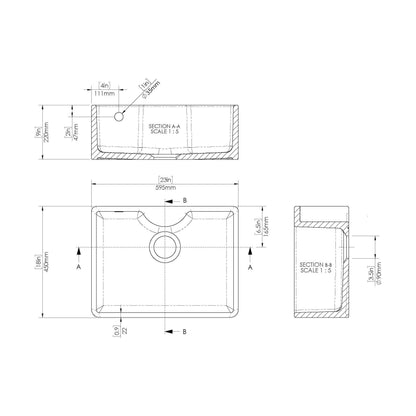 [BSK204WT13] Fireclay Kitchen Bundle: Single Bowl Butler Sink with Overflow, Tap Ledge, Waste & Classic Tap, 595mm - Brushed Brass - Technical Drawing