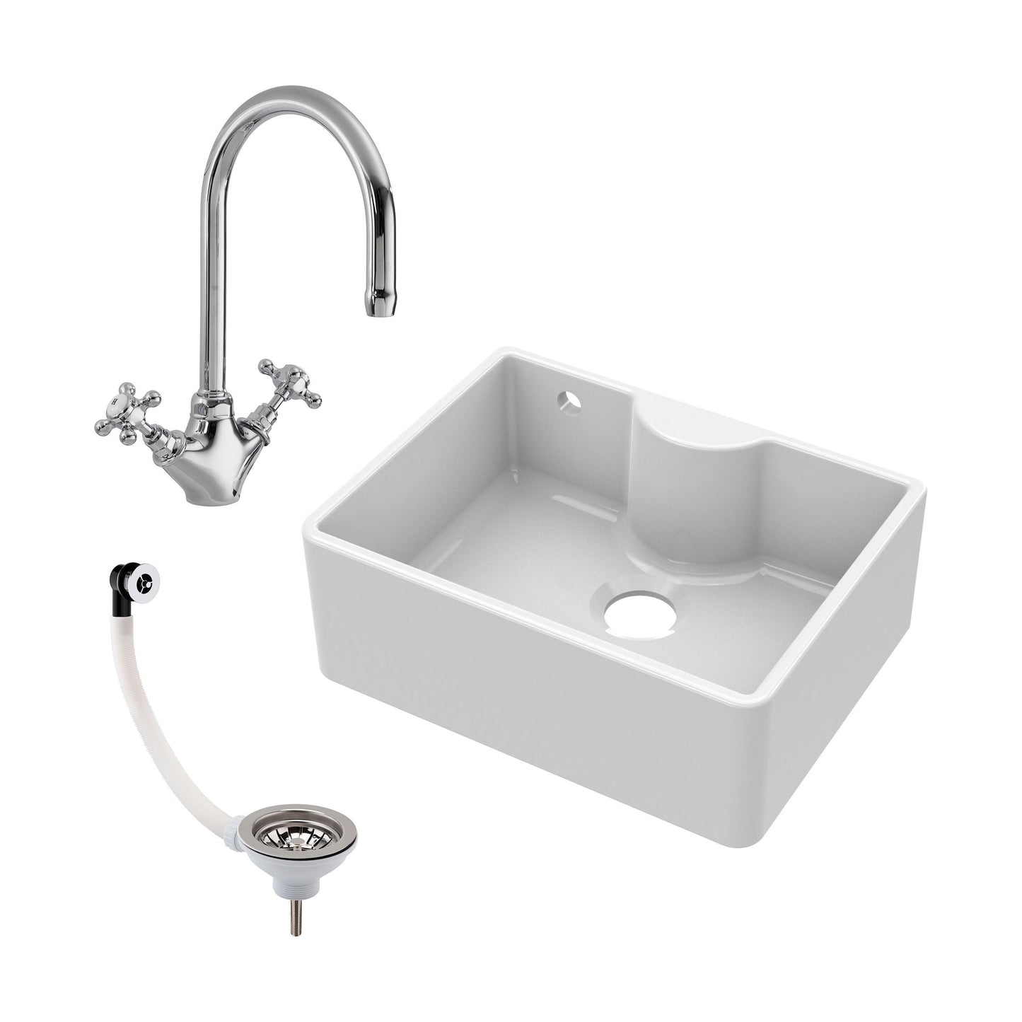 [BSK204WT2] Traditional Fireclay Kitchen Sink Bundle: Single Bowl Butler Tap Ledge, Overflow, Waste and Kitchen Mixer Tap, 595mm - Cutout