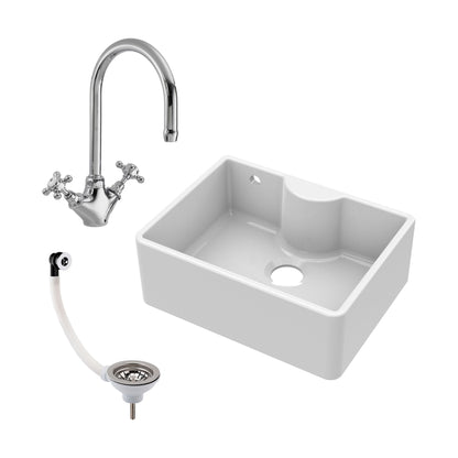 [BSK204WT2] Traditional Fireclay Kitchen Sink Bundle: Single Bowl Butler Tap Ledge, Overflow, Waste and Kitchen Mixer Tap, 595mm - Cutout