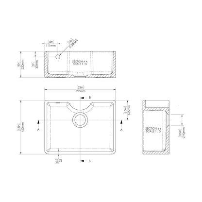 [BSK204WT2] Traditional Fireclay Kitchen Sink Bundle: Single Bowl Butler Tap Ledge, Overflow, Waste and Kitchen Mixer Tap, 595mm - Technical Drawing
