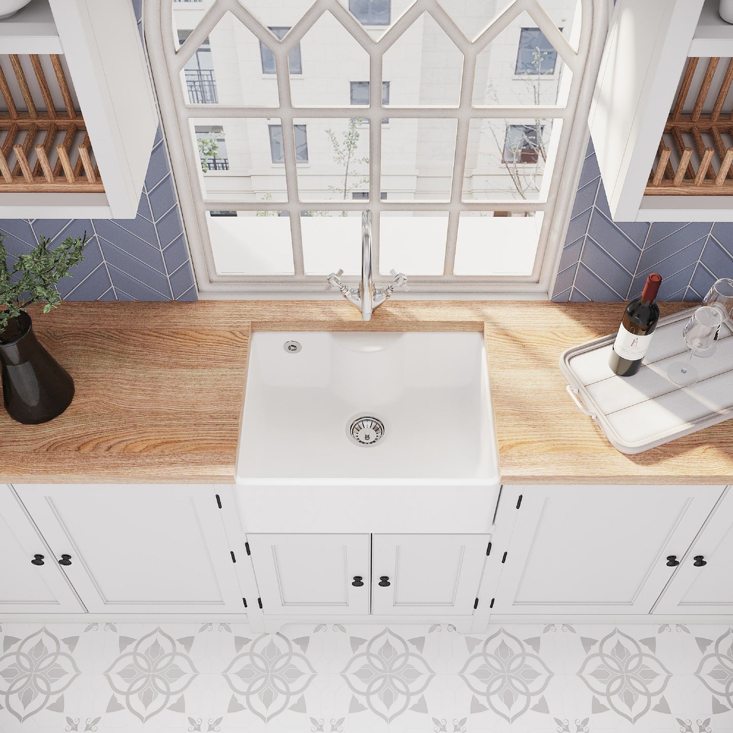 [BSK204WT2] Traditional Fireclay Kitchen Sink Bundle: Single Bowl Butler Tap Ledge, Overflow, Waste and Kitchen Mixer Tap, 595mm - Lifestyle 2