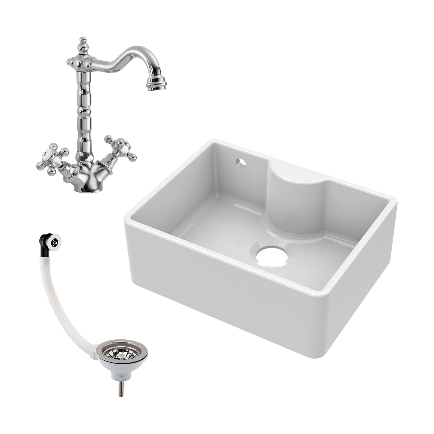[BSK204WT4] Fireclay 595mm Single Bowl Butler Kitchen Sink with Tap Ledge, Overflow, Classic Kitchen Mixer Tap and Waste Bundle by Balterley - Cutout