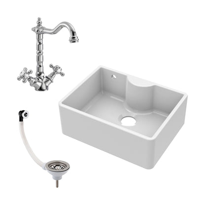 [BSK204WT4] Fireclay 595mm Single Bowl Butler Kitchen Sink with Tap Ledge, Overflow, Classic Kitchen Mixer Tap and Waste Bundle by Balterley - Cutout