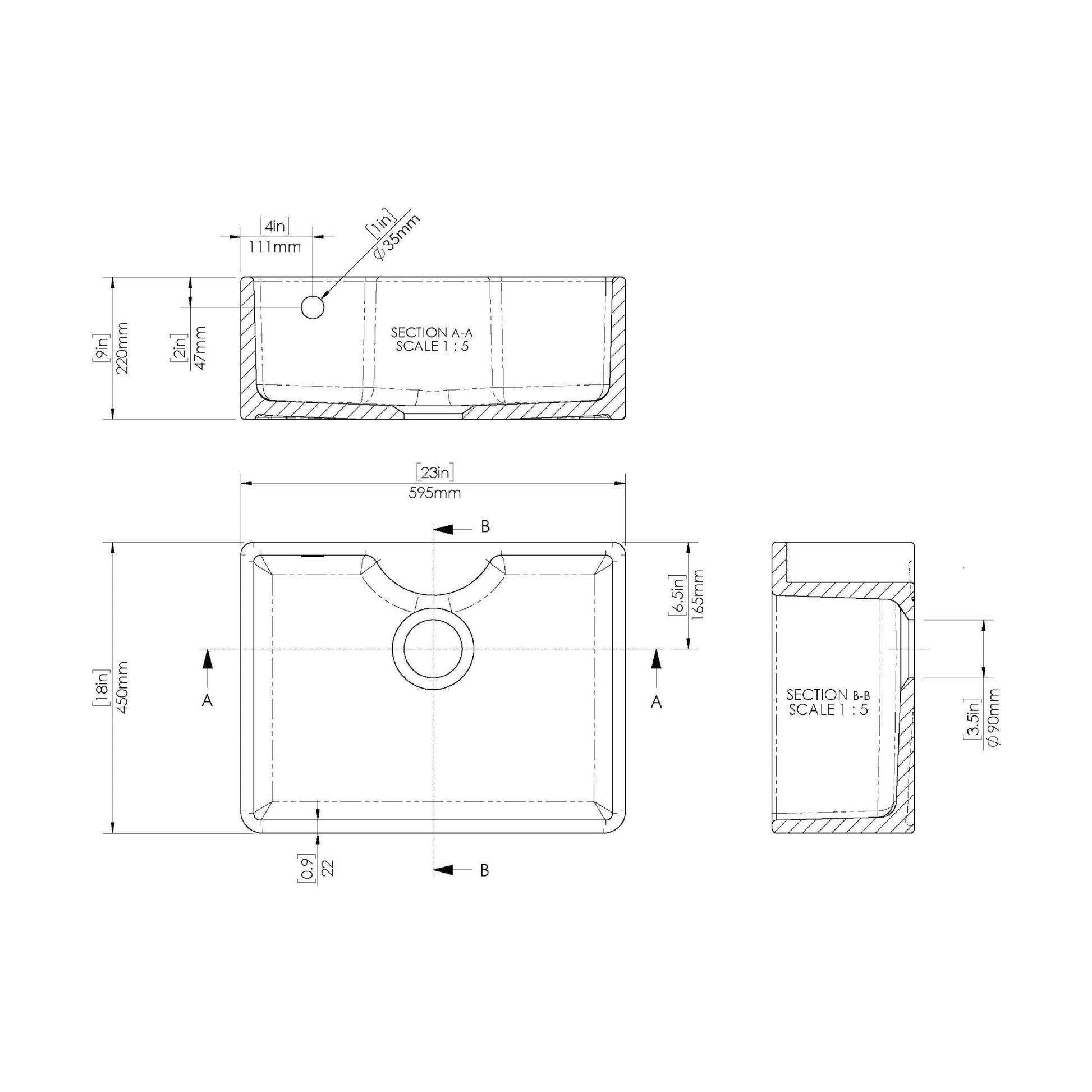 [BSK204WT4] Fireclay 595mm Single Bowl Butler Kitchen Sink with Tap Ledge, Overflow, Classic Kitchen Mixer Tap and Waste Bundle by Balterley - Technical Drawing