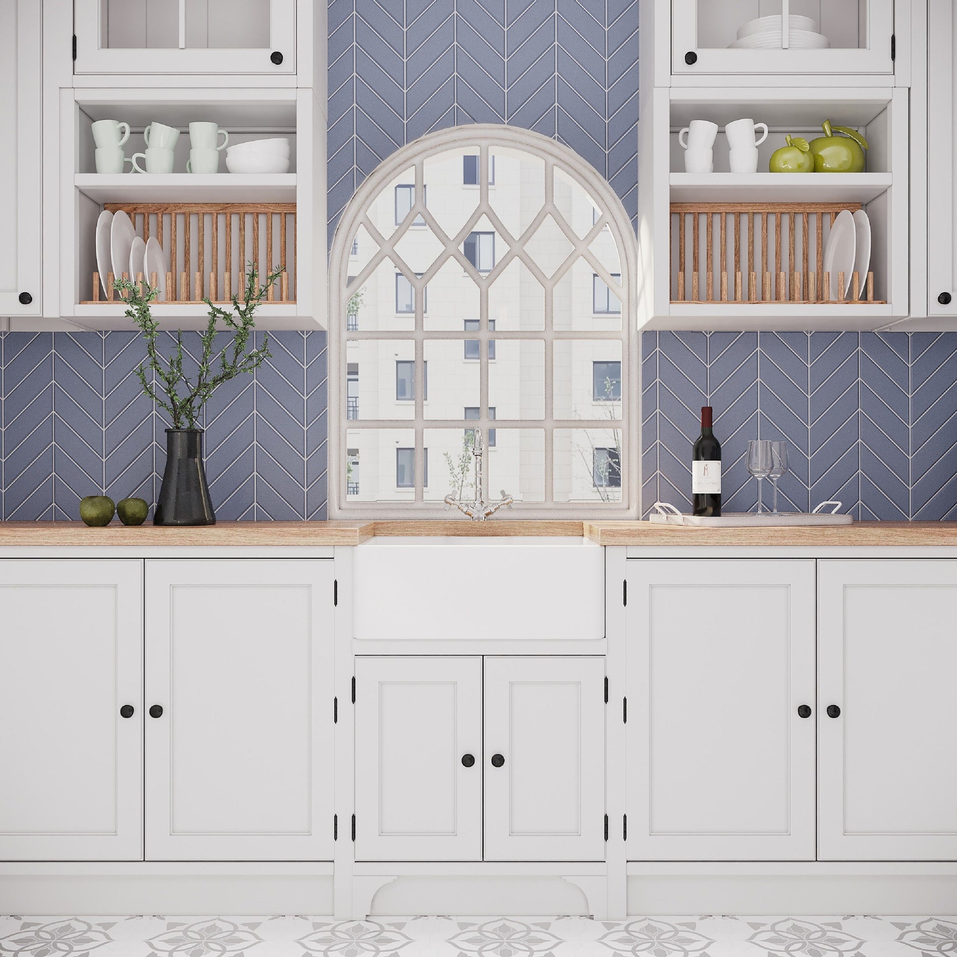 [BSK204WT4] Fireclay 595mm Single Bowl Butler Kitchen Sink with Tap Ledge, Overflow, Classic Kitchen Mixer Tap and Waste Bundle by Balterley - Lifestyle 1
