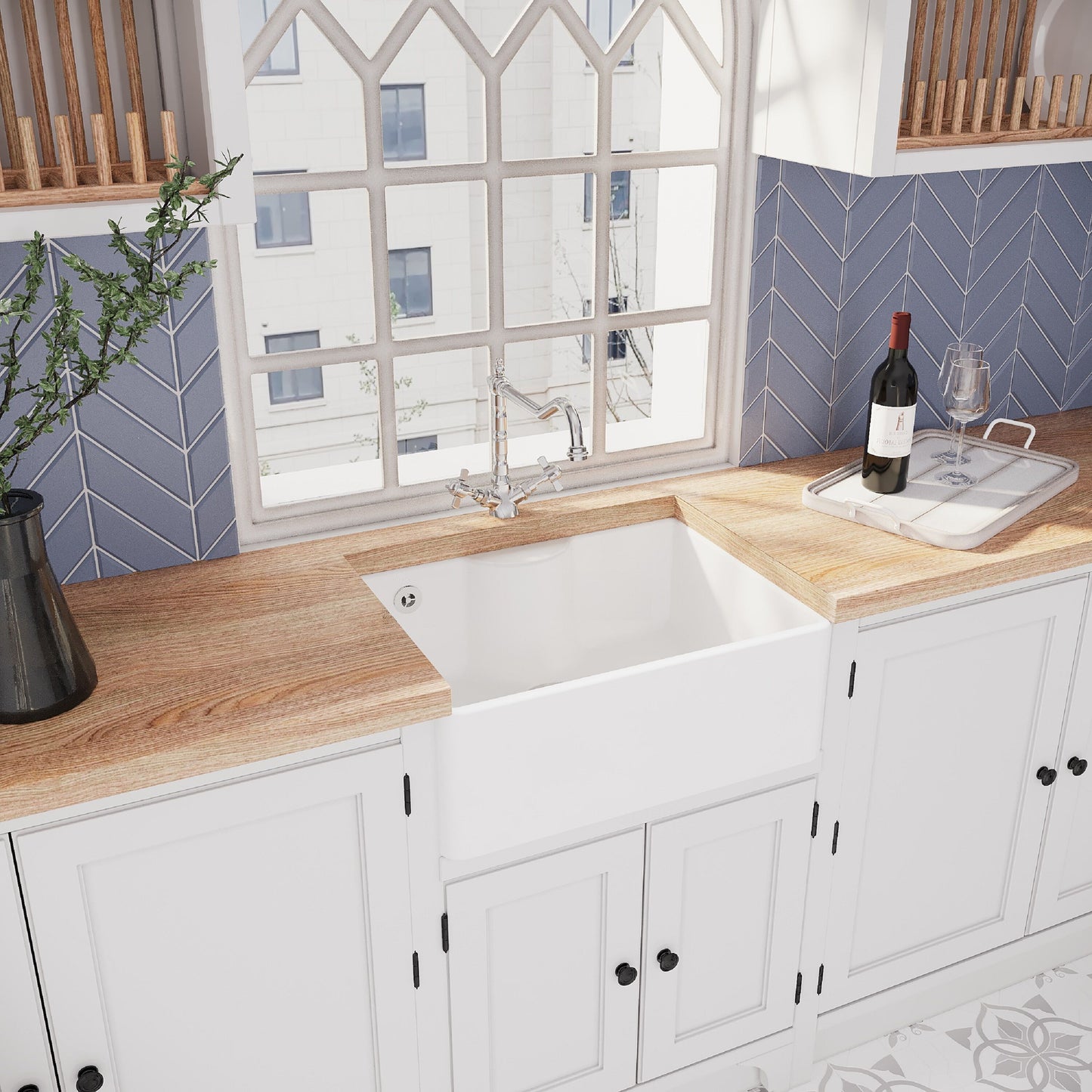 [BSK204WT4] Fireclay 595mm Single Bowl Butler Kitchen Sink with Tap Ledge, Overflow, Classic Kitchen Mixer Tap and Waste Bundle by Balterley - Lifestyle 3