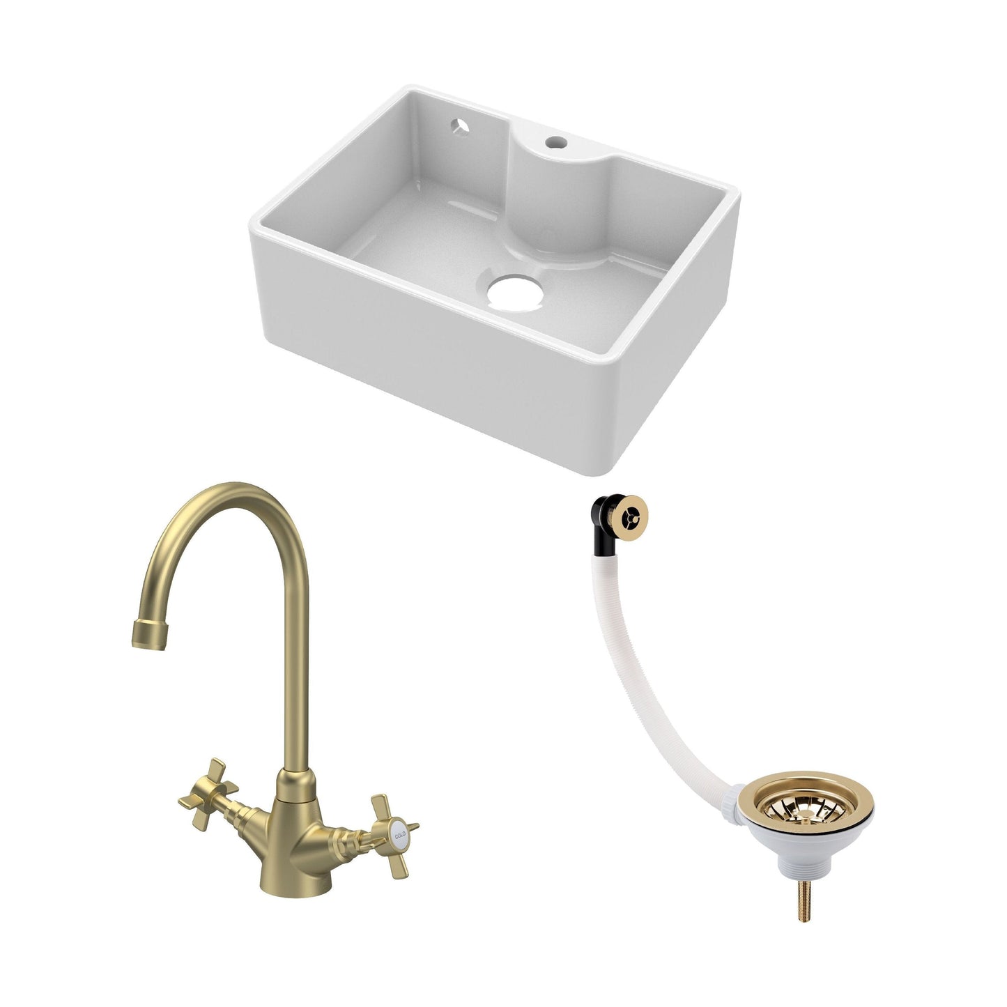 [BSK205WT11] Traditional Fireclay Kitchen Bundle: Single Bowl Butler Sink with Overflow, Tap Hole, Waste & Mono Tap, 595mm - Brushed Brass - Cutout